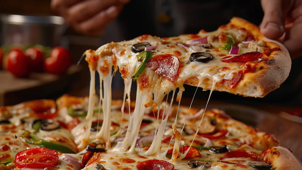 Nahaufnahme einer Pizza mit geschmolzenem Käse, Peperoni, Oliven und Paprika, von der ein Stück gerade herausgehoben wird